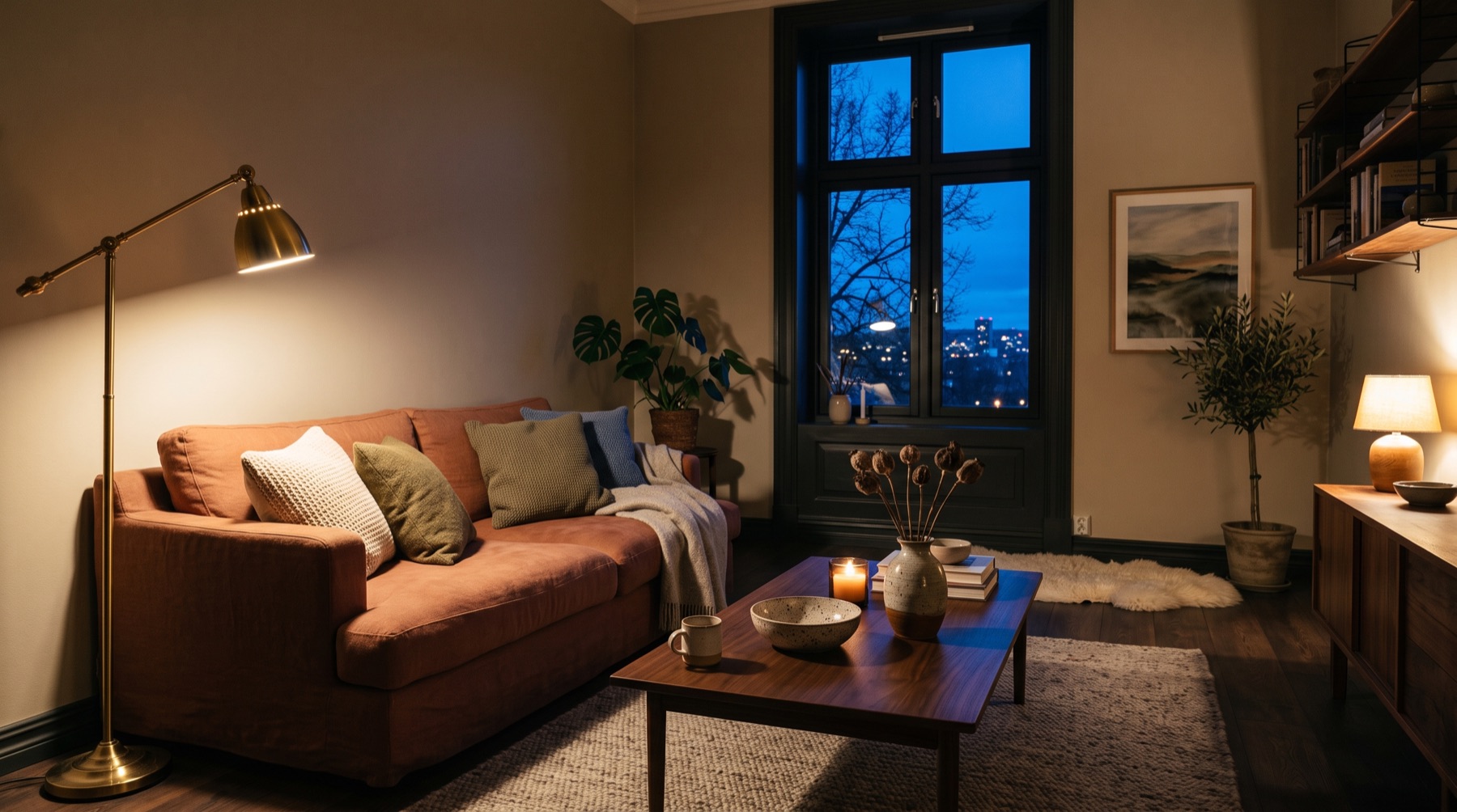 A reading chair and lamp at dusk