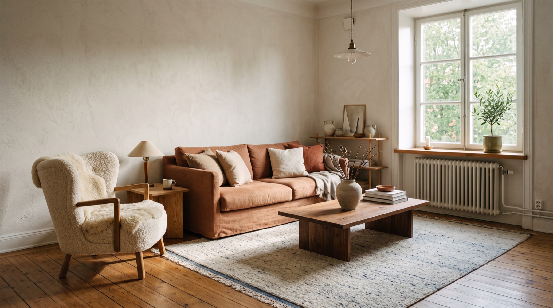 A sunlit living room with a terracotta sofa and pale plaster walls