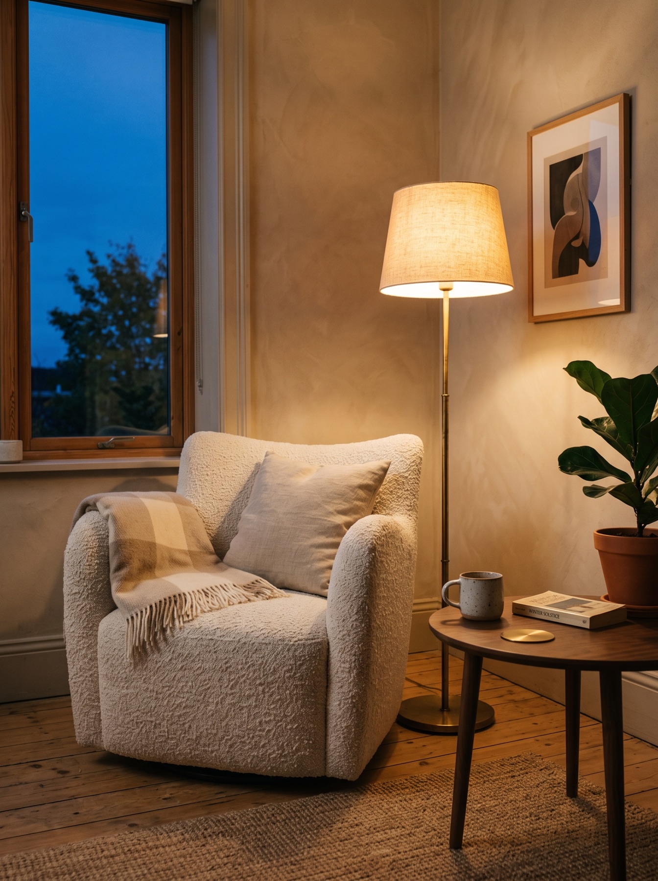 A walnut side table with ceramics, styled simply