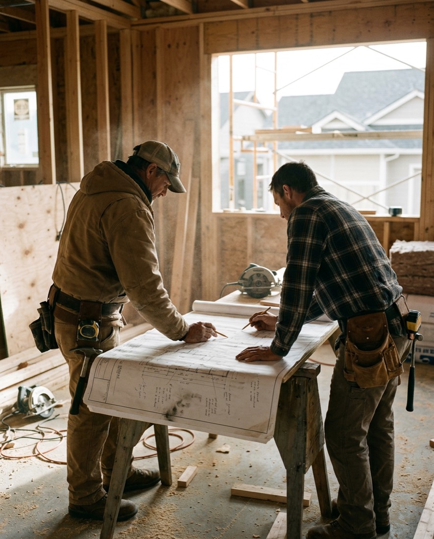 Two carpenters reviewing plans on a job site