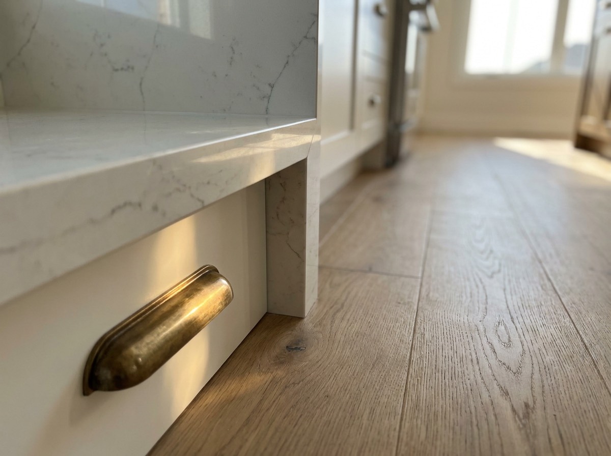 A finished kitchen island with waterfall quartz edge