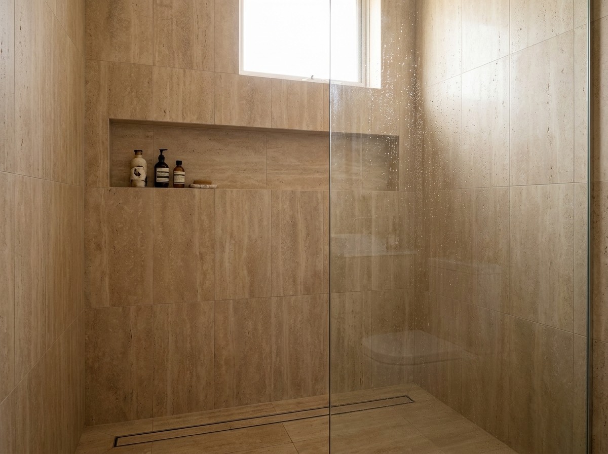 A walk-in shower with large-format tile