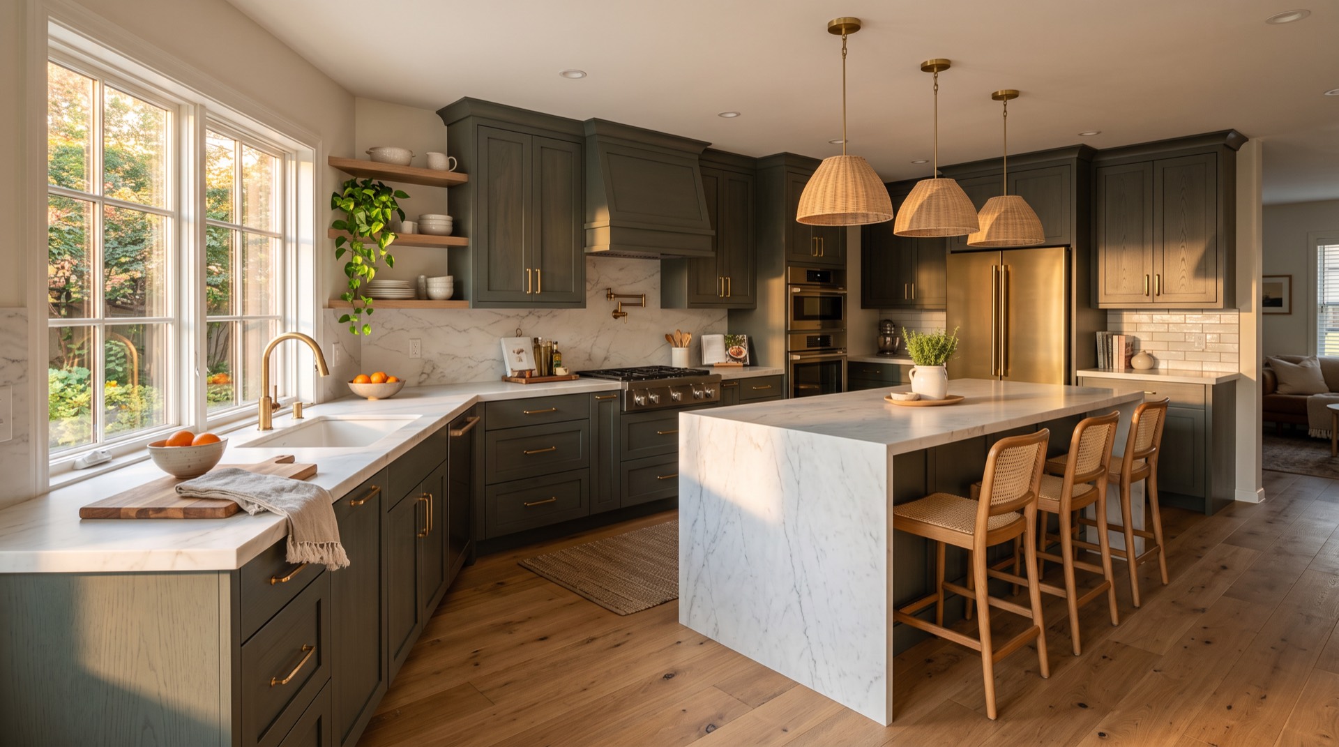 A finished kitchen remodel with quartz counters and warm wood cabinetry