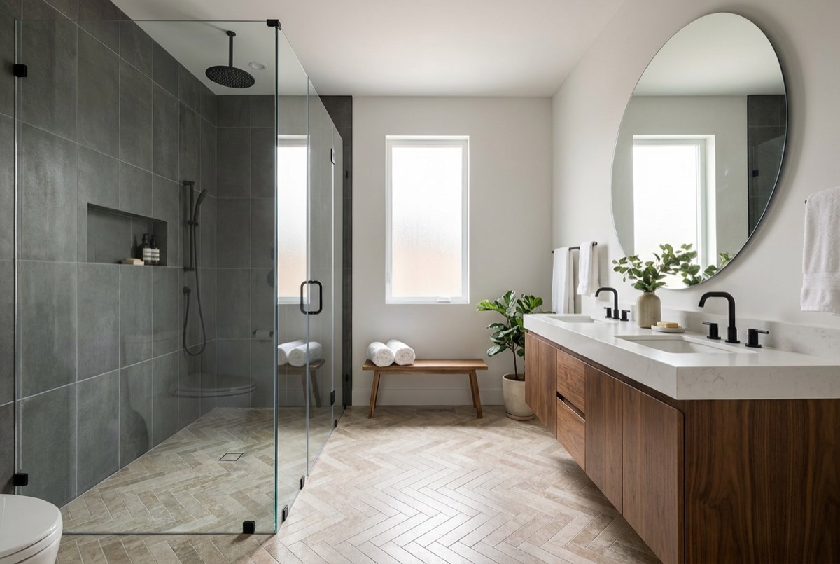 A remodeled bathroom with a glass walk-in shower and tile floor