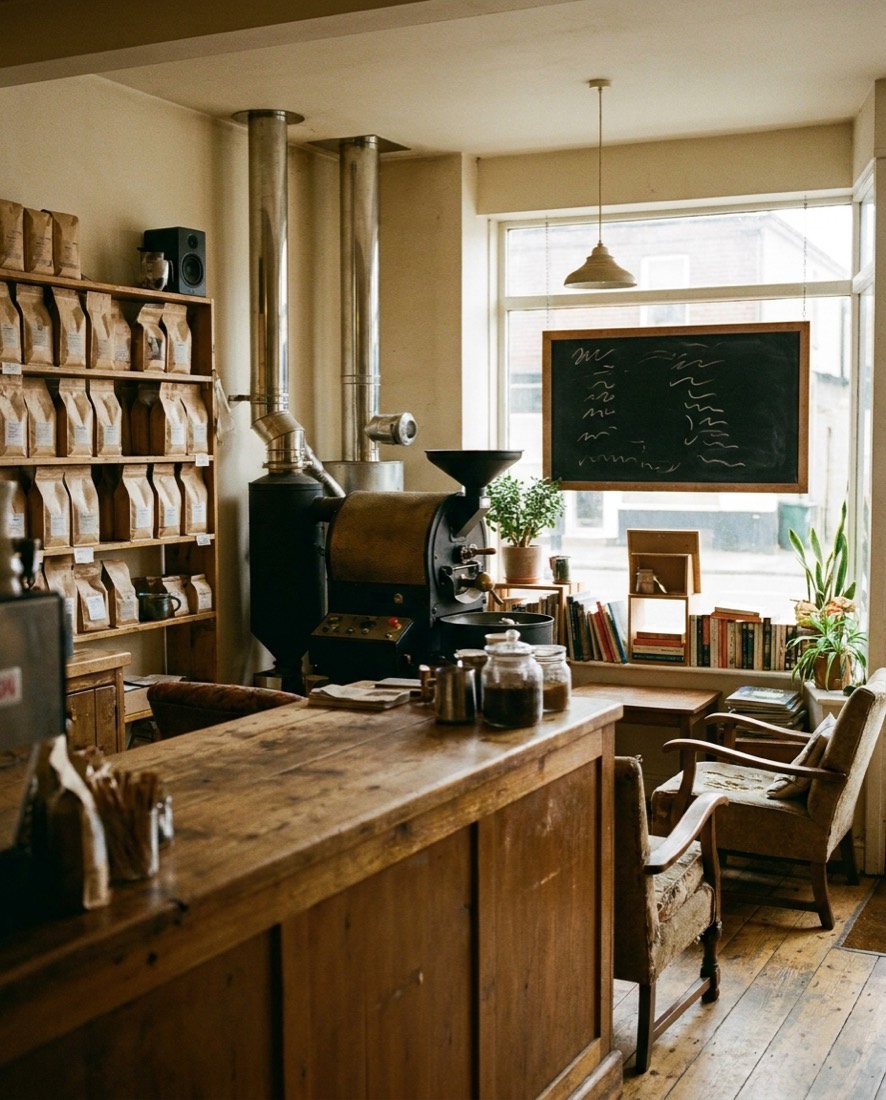 The shop interior with the roaster behind the counter