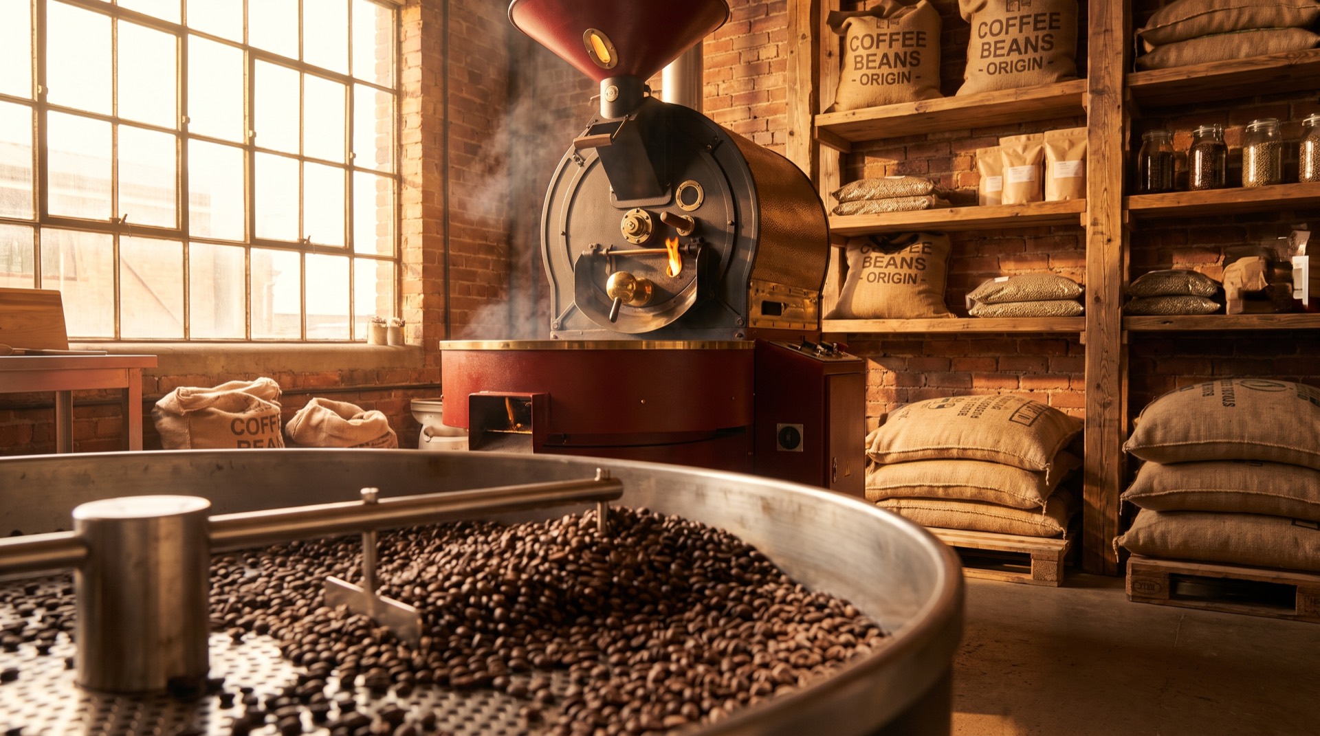 A coffee roaster mid-batch with beans in the cooling tray